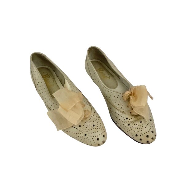 Bass 1930s style shoes 70s 80s vintage white leather perforated wingtip lace up - Picture 2 of 9